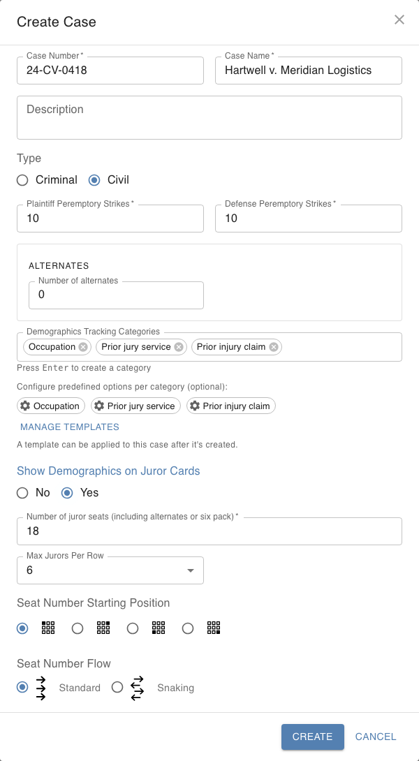 Create Case dialog with three demographics tracking categories — Occupation, Prior jury service and Prior injury claim — and Show Demographics on Juror Cards set to Yes