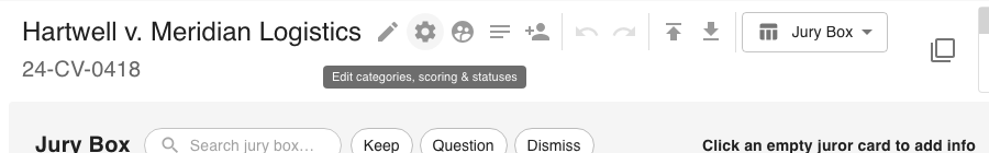 Case header with the gear icon highlighted and the tooltip Edit categories, scoring and statuses