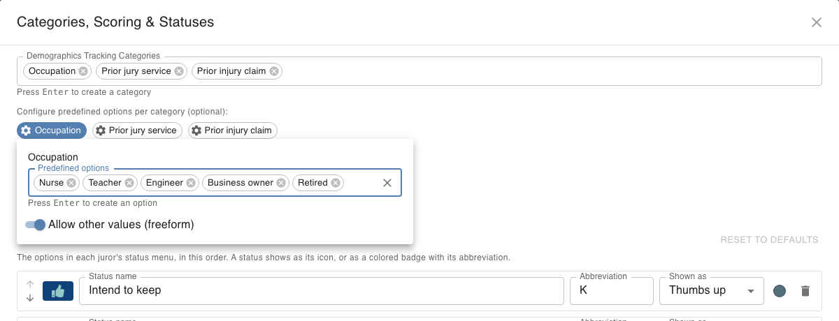 Predefined options editor for the Occupation category listing Nurse, Teacher, Engineer, Business owner and Retired, with the Allow other values switch