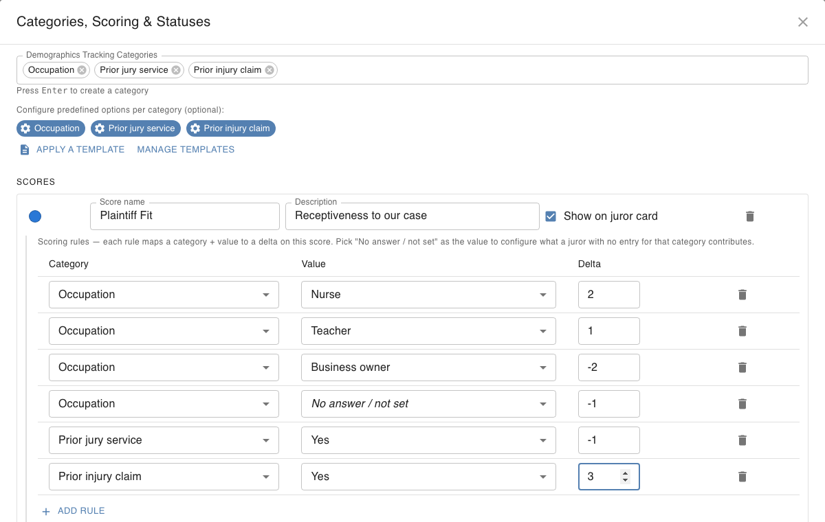 The Plaintiff Fit score with six scoring rows, each choosing a category, a value and a delta