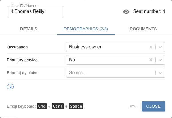 Juror dialog Demographics tab for a juror with Occupation and Prior jury service answered, Prior injury claim blank, and a score badge showing minus 2
