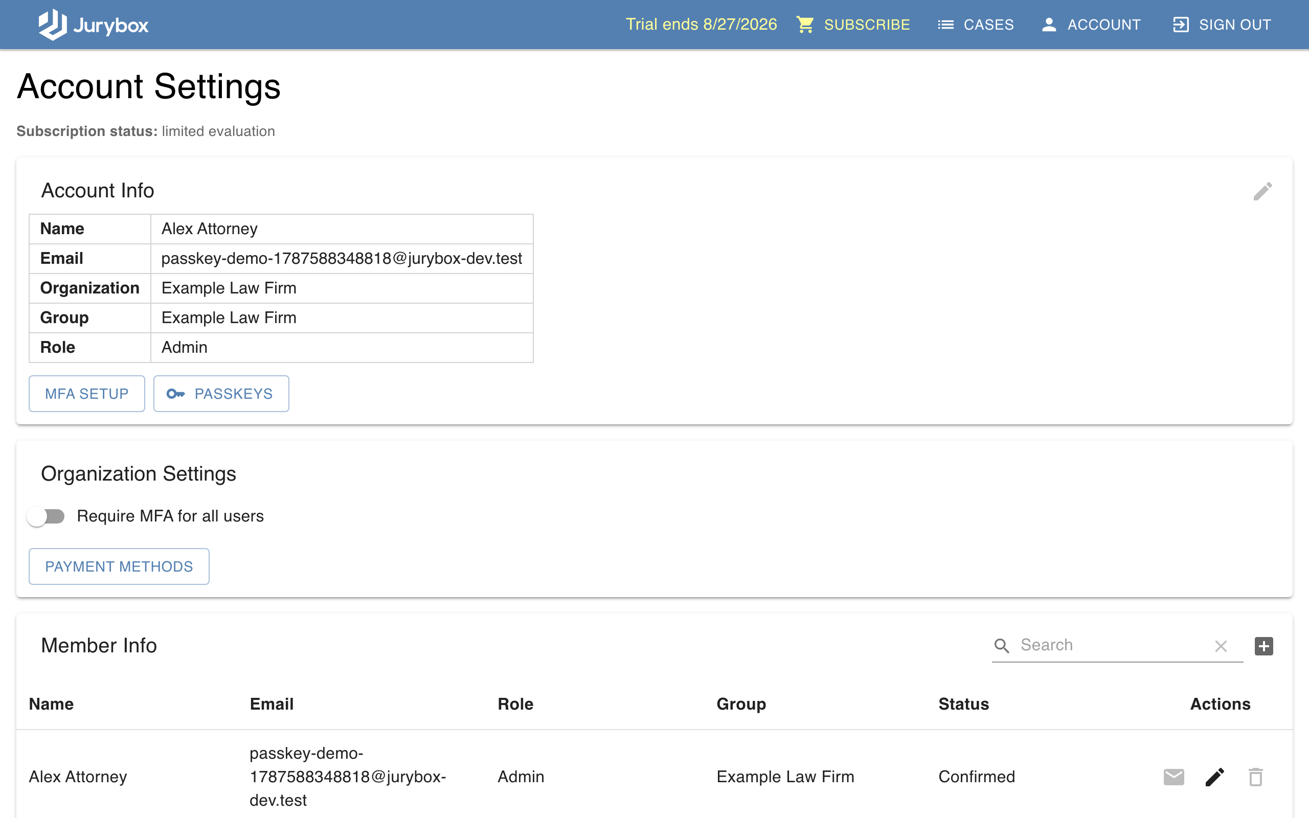 Jurybox Account Settings page with the Passkeys button in the Account Info section