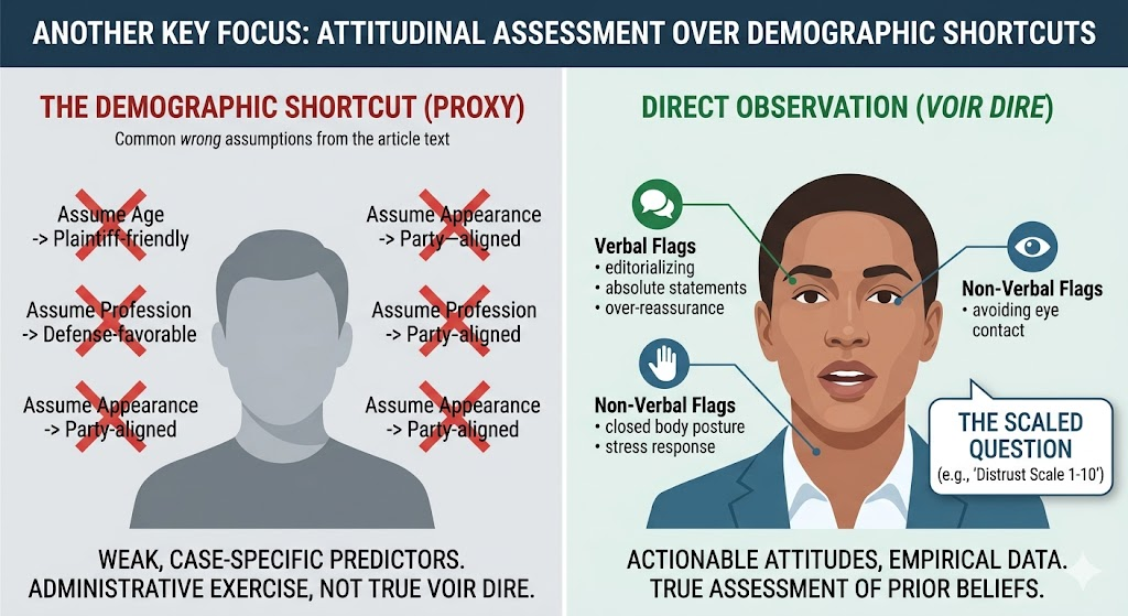 Side-by-side comparison: The Demographic Shortcut (Proxy) on the left lists common wrong assumptions — assume age equals plaintiff-friendly, assume profession equals defense-favorable — labeled as weak, case-specific predictors and an administrative exercise, not true voir dire. Direct Observation (Voir Dire) on the right shows an attorney observing verbal flags (editorializing, absolute statements, over-reassurance) and non-verbal flags (closed body posture, stress response), plus the Scaled Question technique — labeled as actionable attitudes and empirical data.
