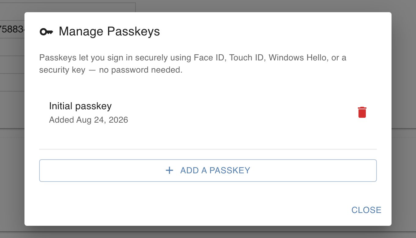 Manage Passkeys window listing existing passkeys with an Add a Passkey button