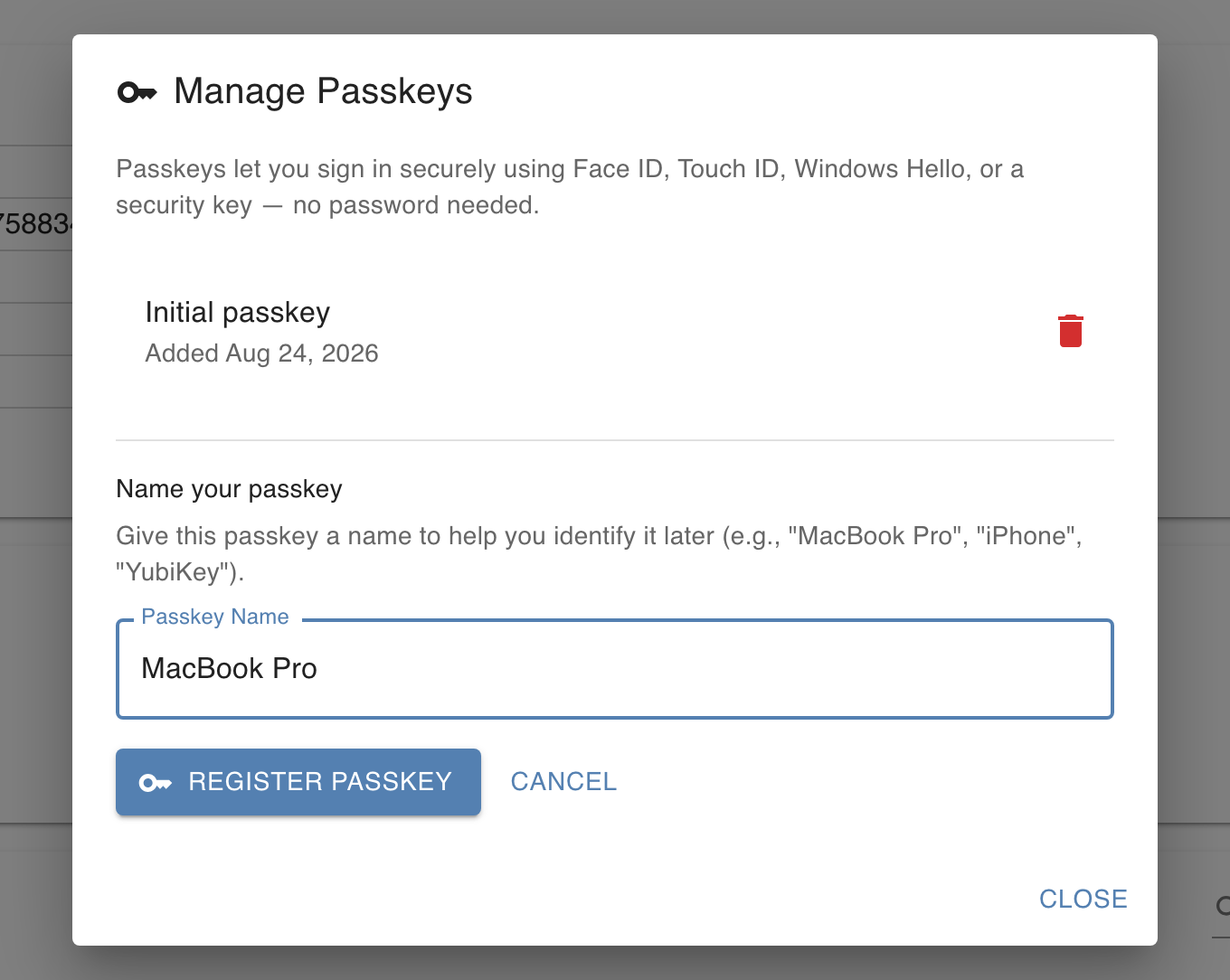 Manage Passkeys window with a name entered for the new passkey