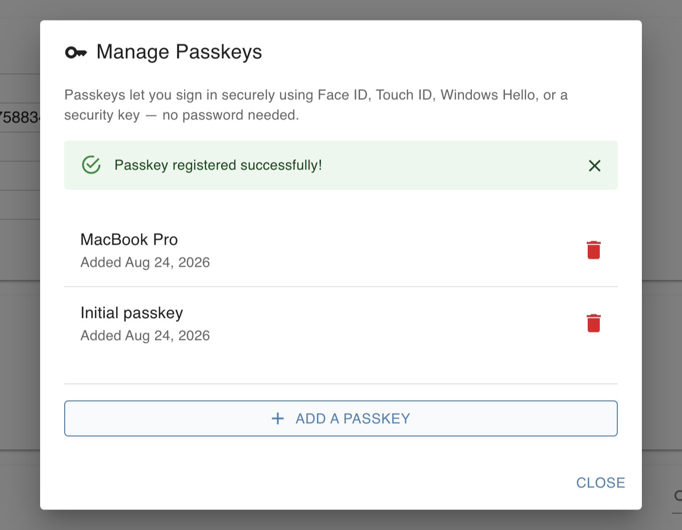 Manage Passkeys window showing the passkey registered successfully
