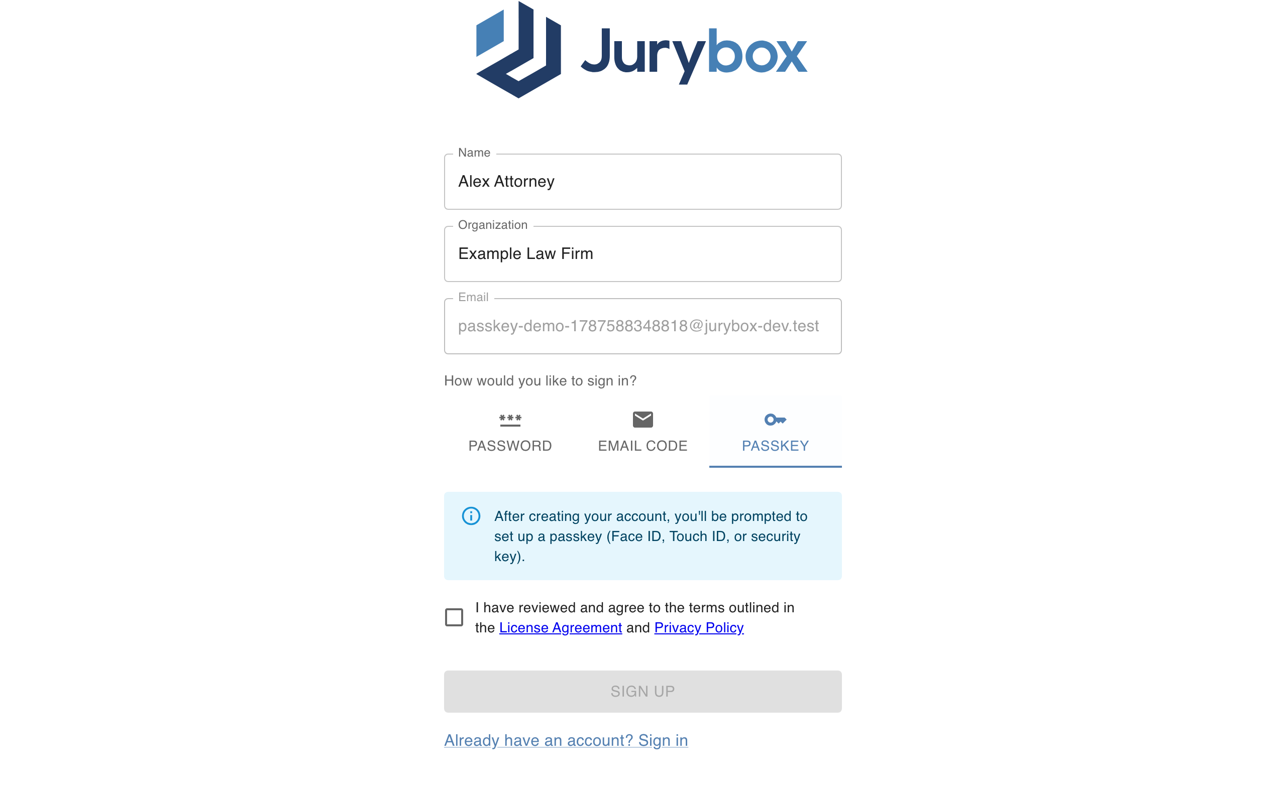 Jurybox sign-up form with the Passkey sign-in method selected